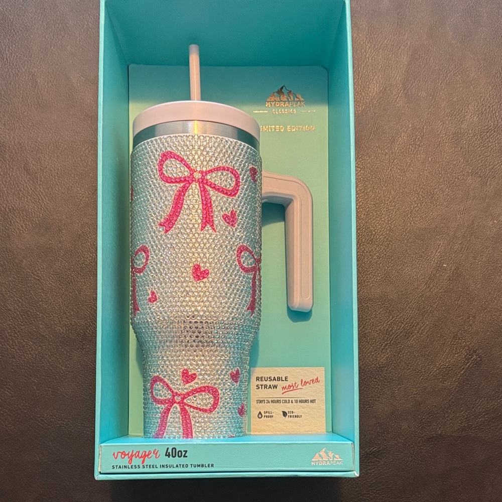 Hydro Flask Voyager Bow Tumbler with Rhinestone Bling Pink and Silver Design